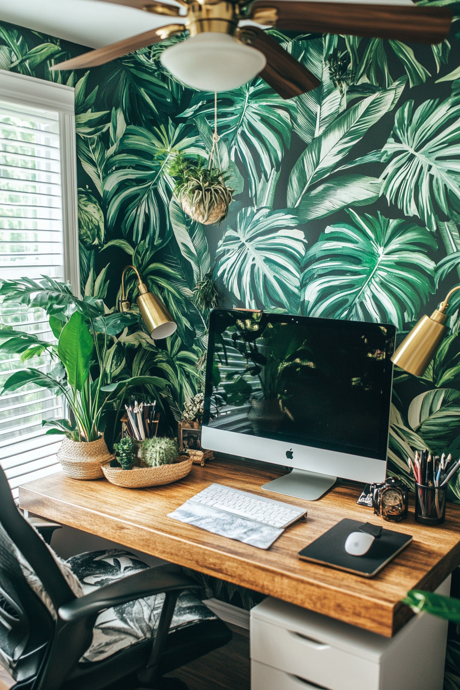 Tropical-modern tiny office. Green leaf wallpaper, monstera plant, brass ceiling fan.