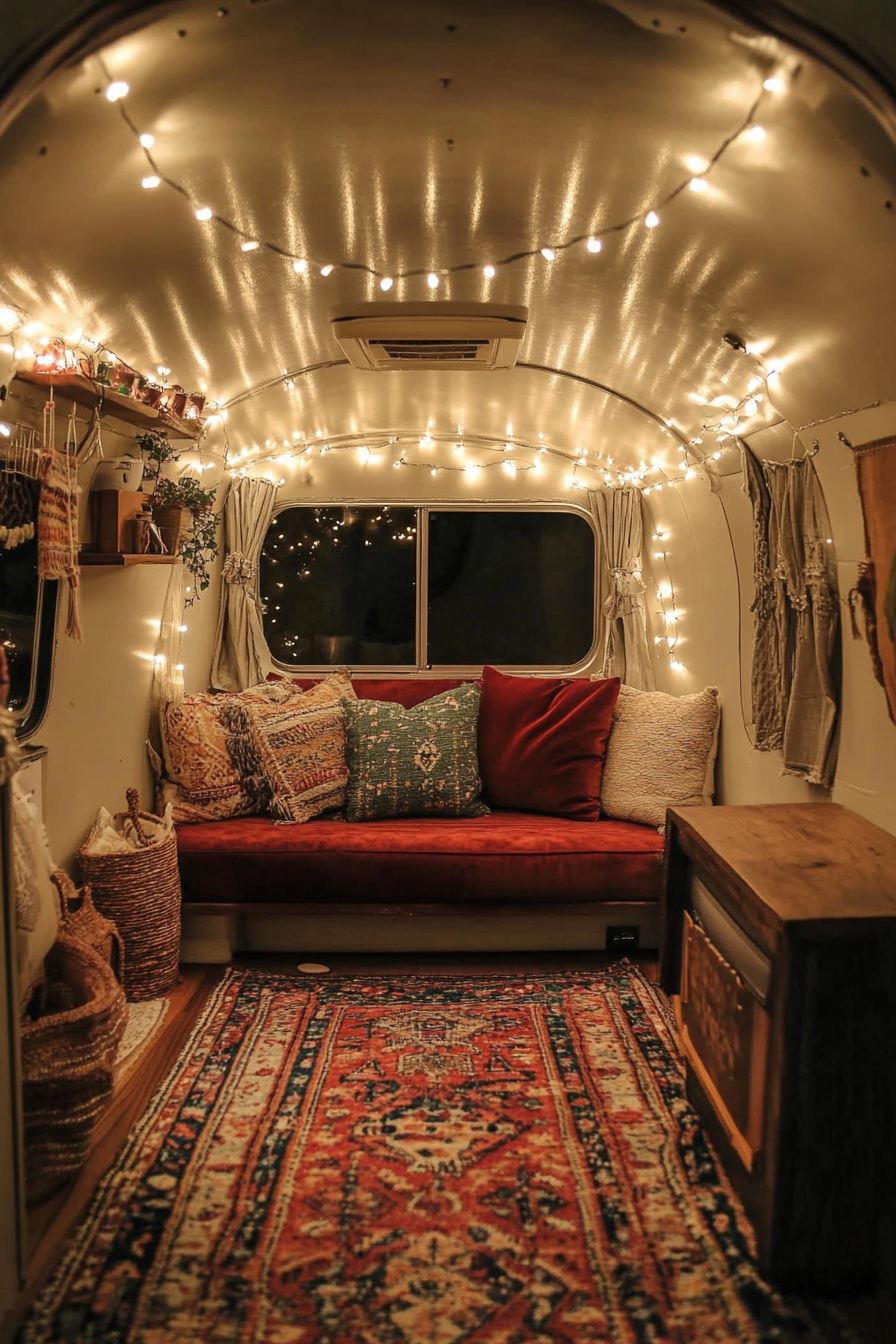 Desert-Boho Camper Reading Corner. Fairy lights, patterned rug, velvet pillows.