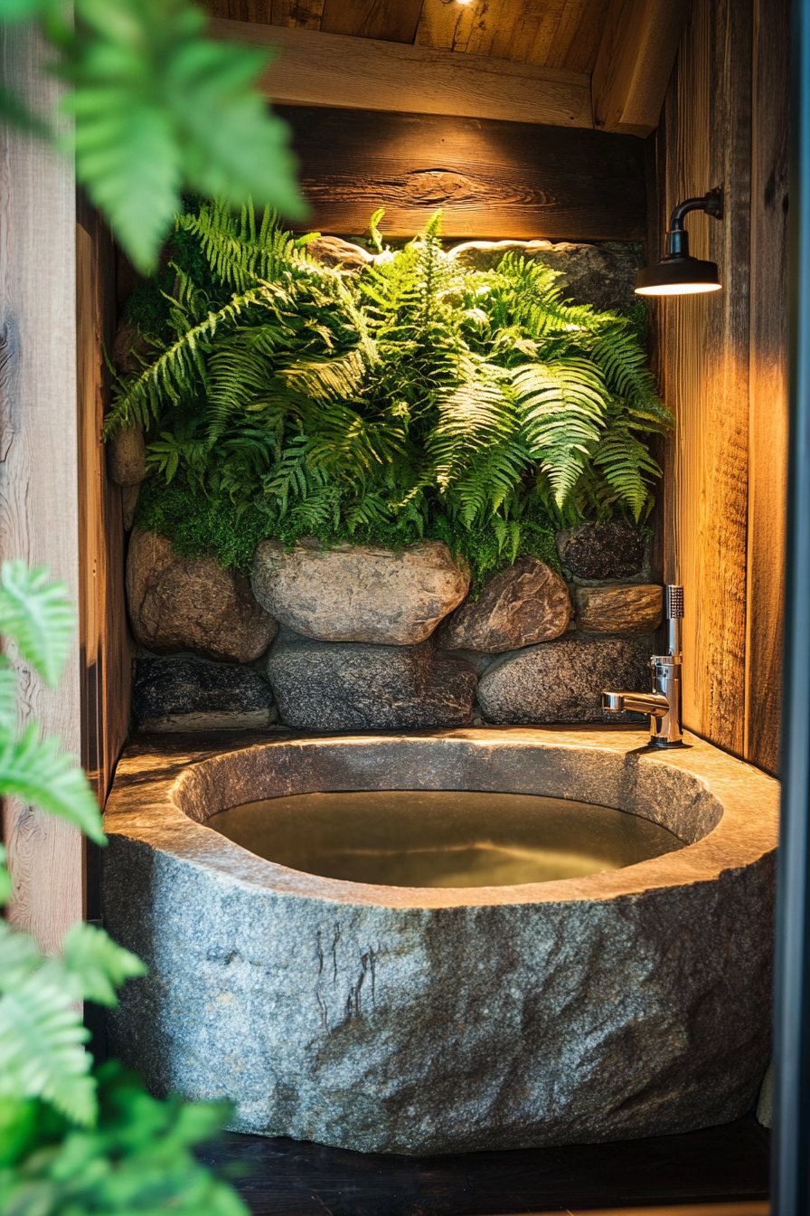 Tiny bathhouse. Soaking tub made from smooth river stones with fern wall.