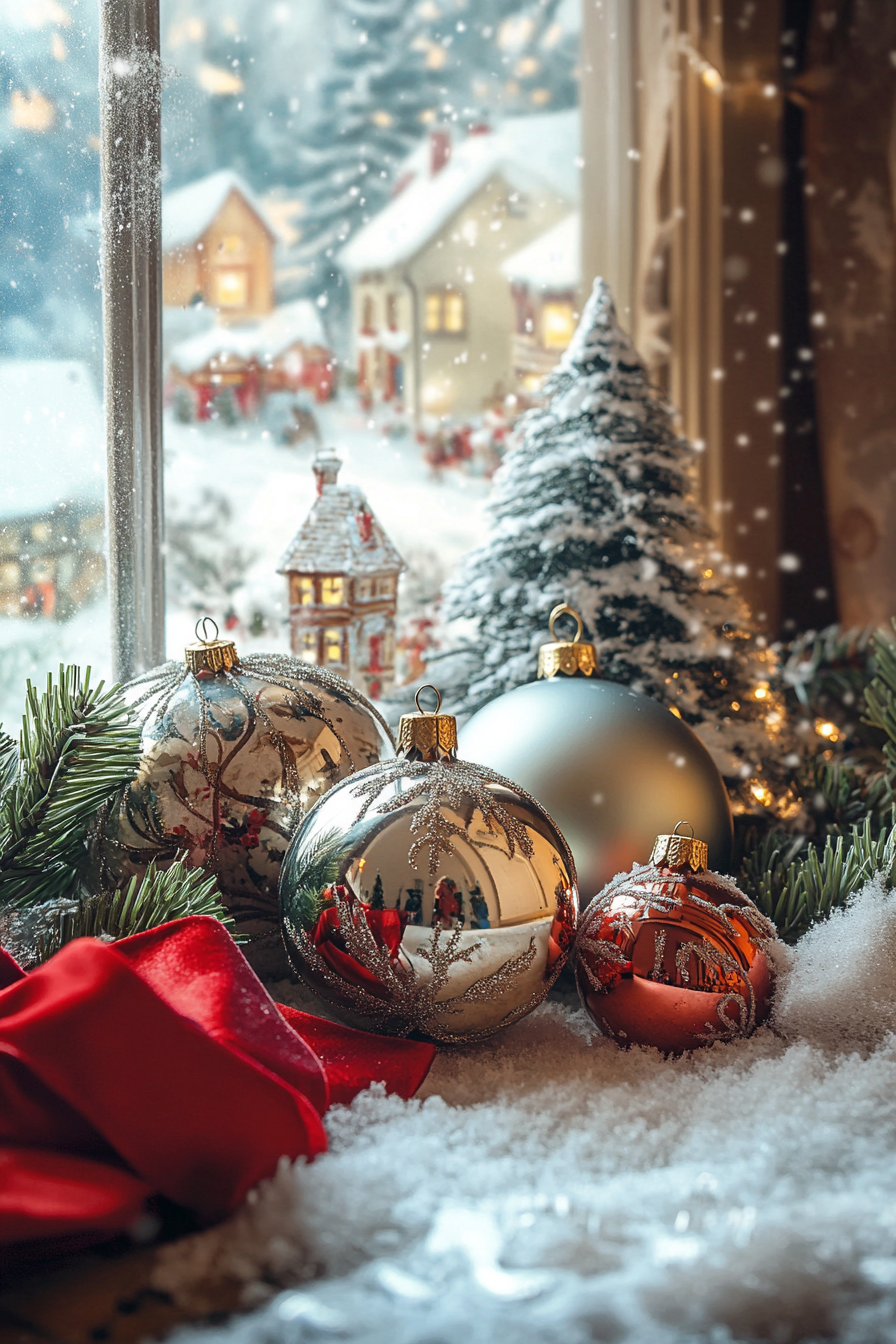 Wide-angle Christmas interior. Vintage ornaments, velvet ribbons, snow-covered village.