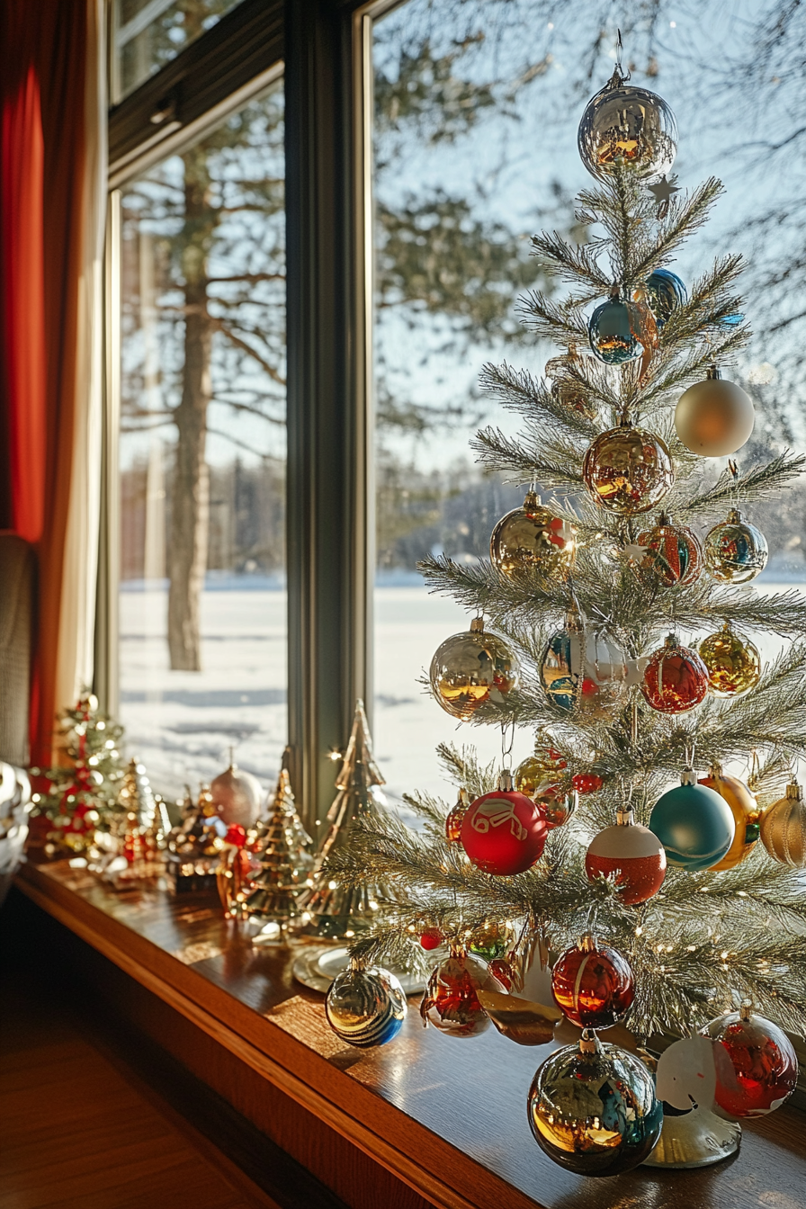 Wide-angle view. Retro holiday interior, aluminum tree, classic ornaments, by frozen lake.