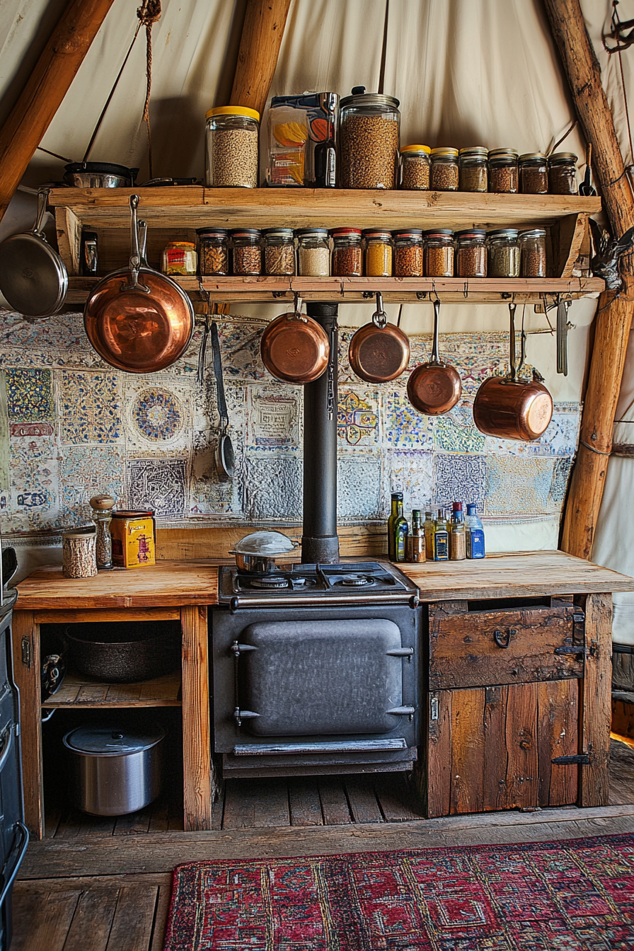 Alpine-Style Yurt Kitchen. Aged wood stove, polished copper pots, suspended rack of various spice jars.