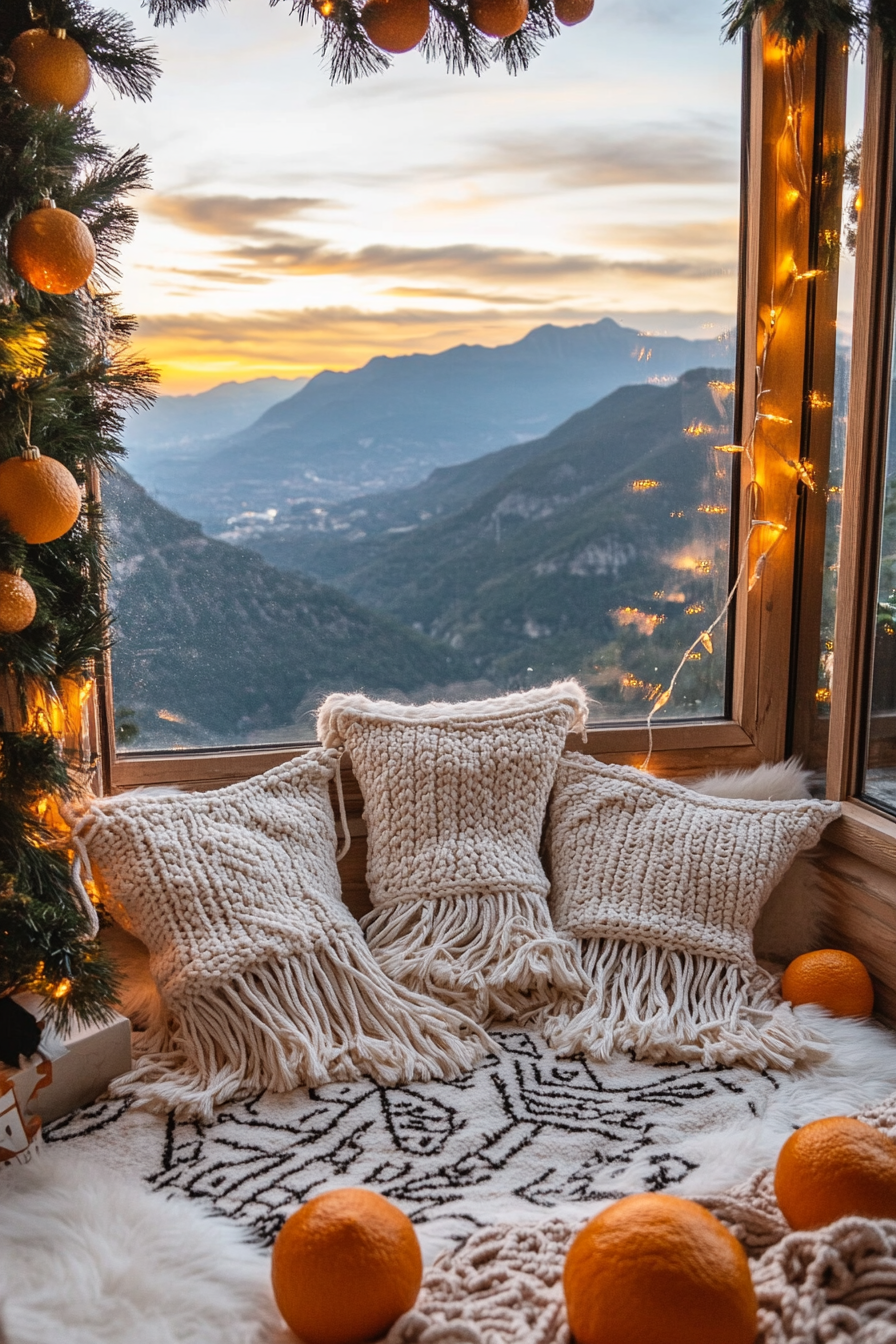 Eclectic holiday space. Cream macramé stockings, dried orange garlands, panoramic mountain sunset view.