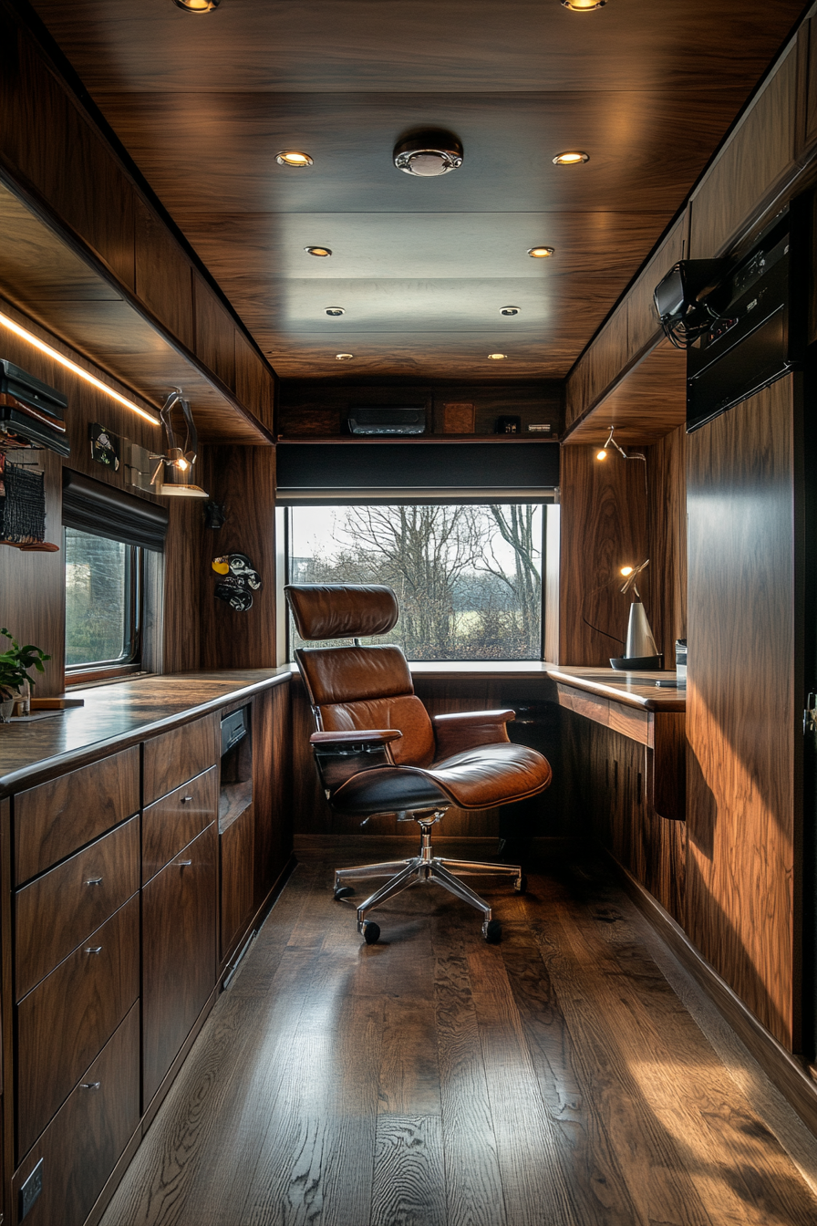 Wide angle of mobile workspace. Walnut panels and Eames chair under conspicuous lighting.