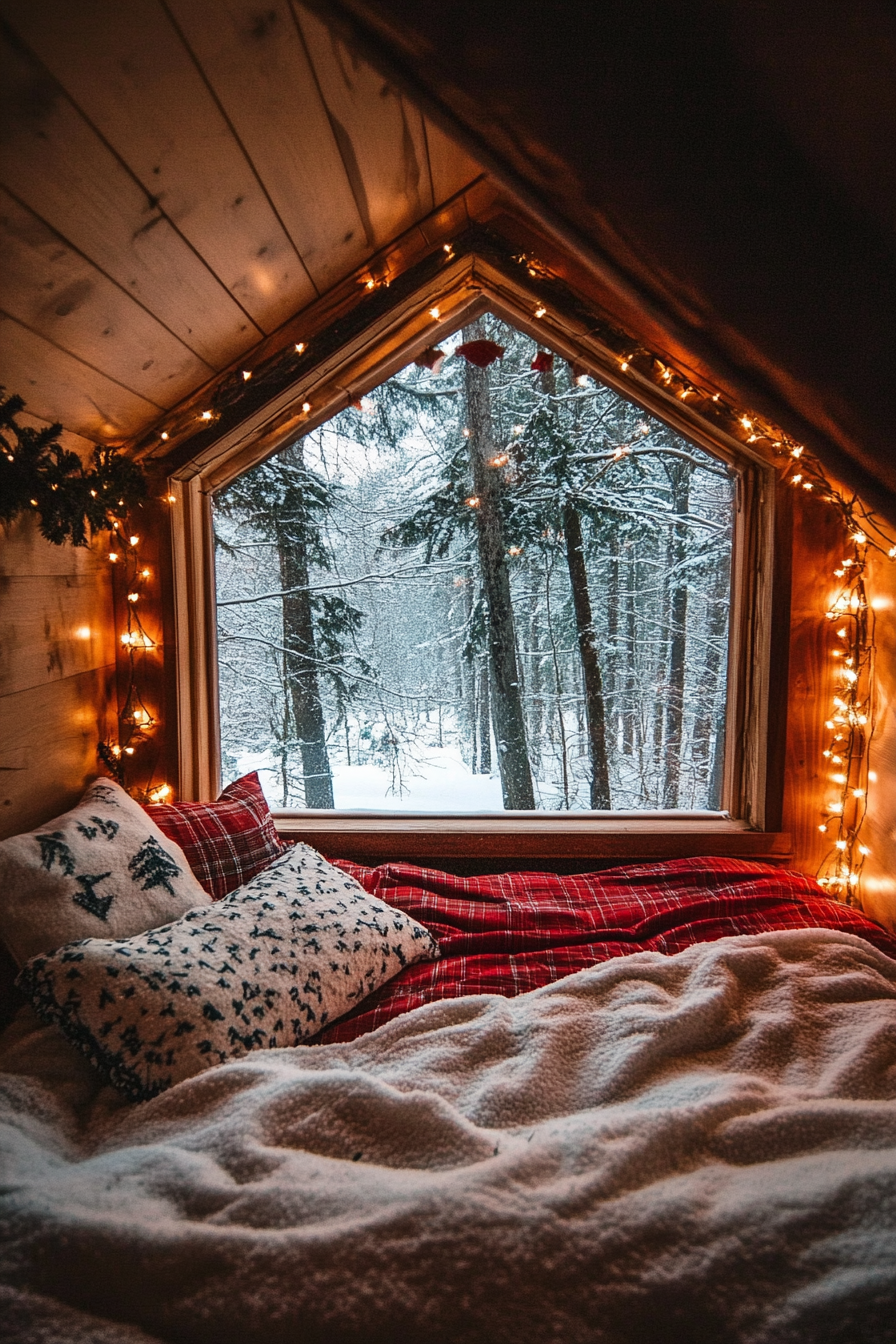 Wide angle view. Festive sleeping nook, flannel bedding, string lights, snowy winter wonderland outside.