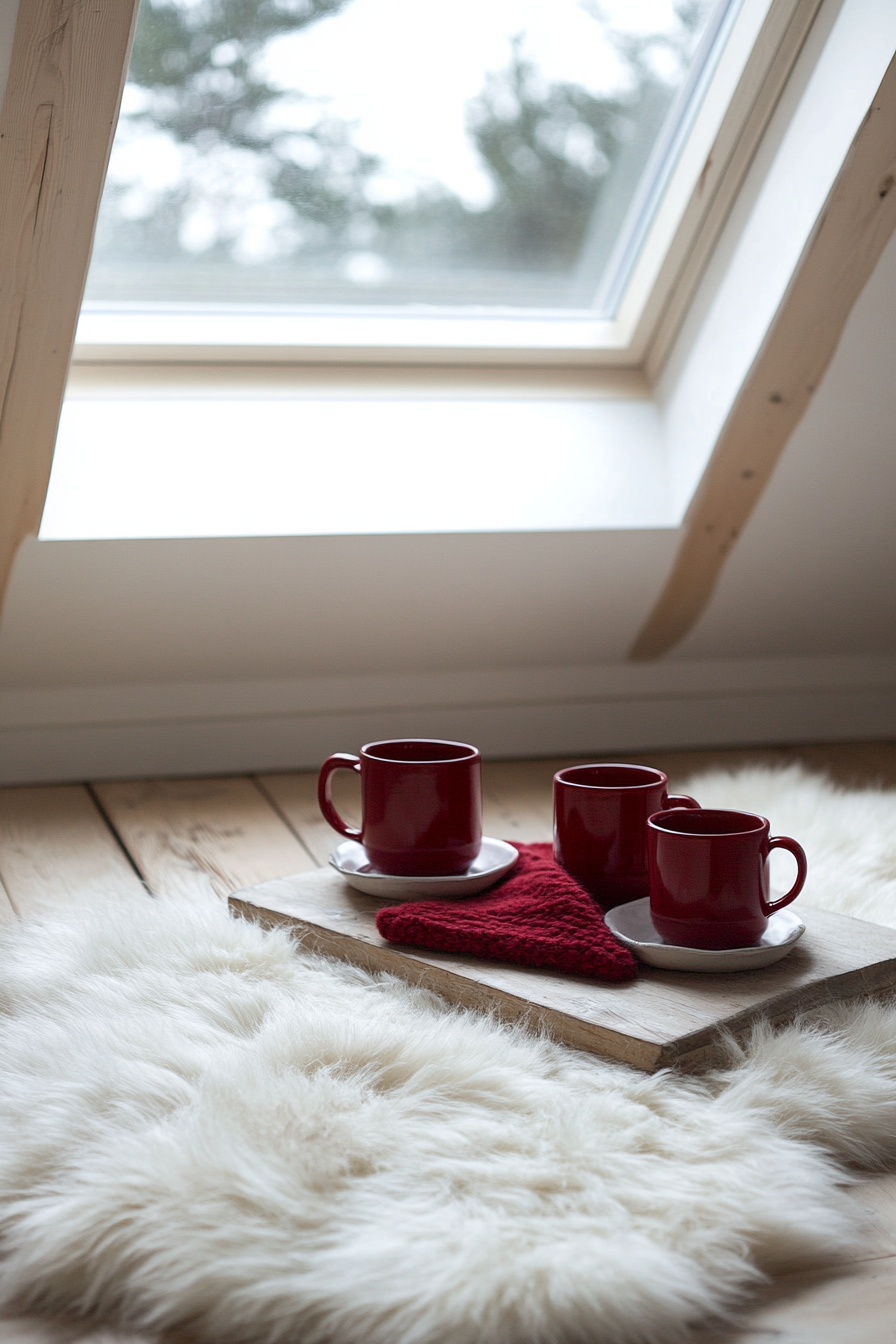 Scandinavian-inspired space. Red mugs on white fur rug under northern light skylight.