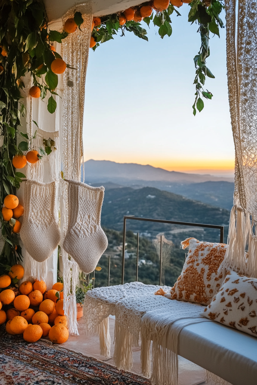 Wide angle holiday space. Macramé stockings, dried orange garlands, mountain sunset view.