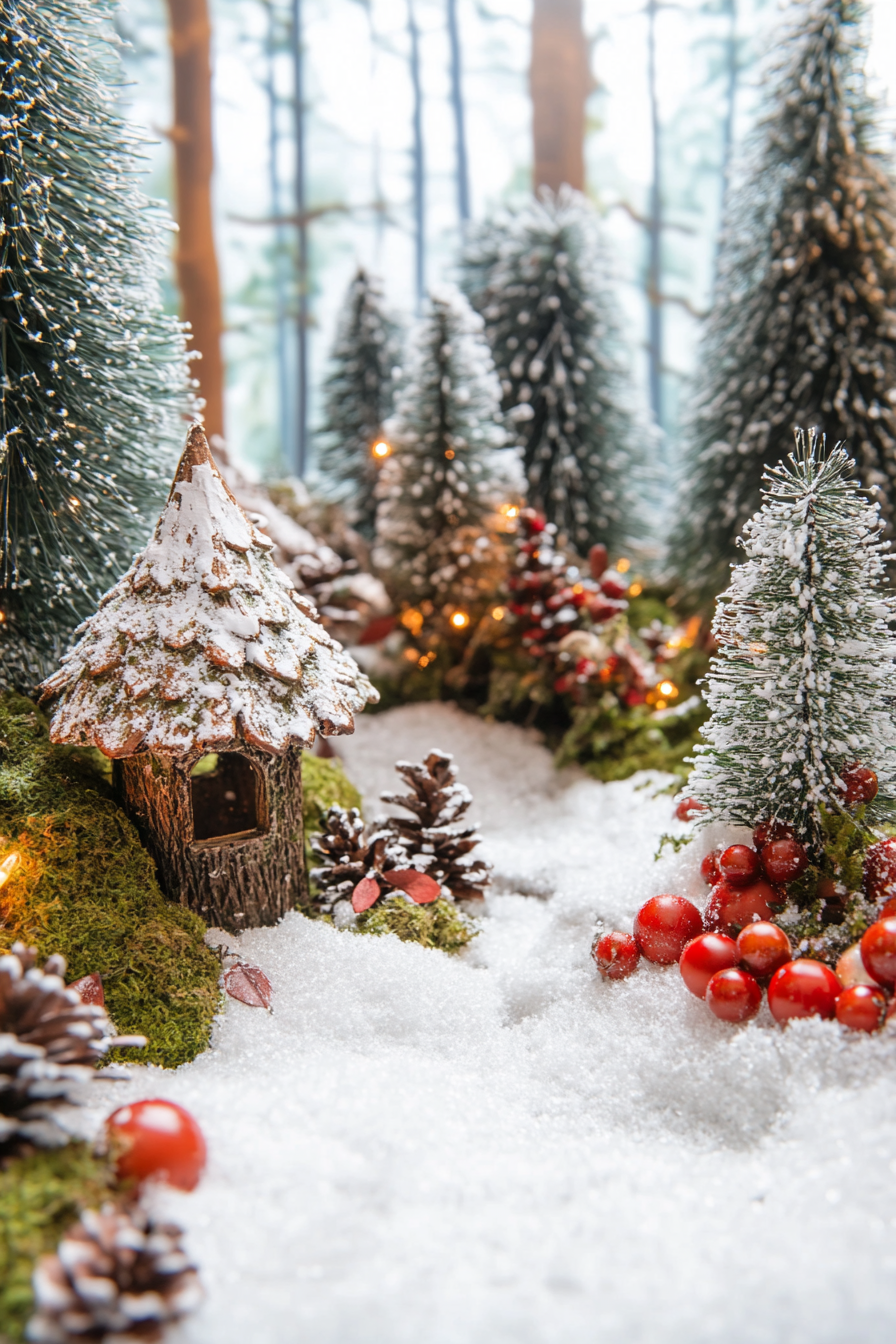 Whimsical holiday space. Mossed woodland decorations among snowy pines in wide angle view.