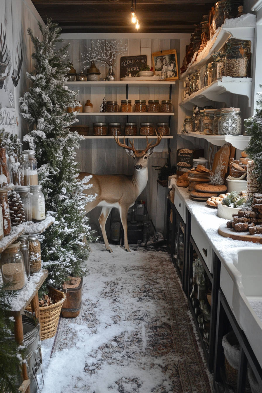 Holiday baking haven. Wide angle with deer in snowy meadow, cookies and spice storage visible.