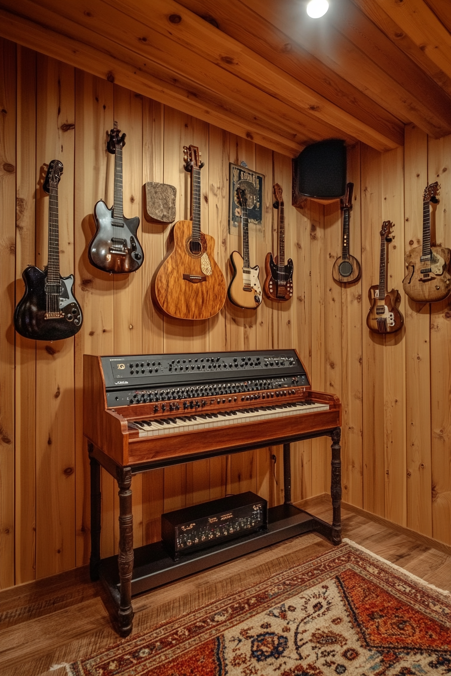 Woodland-style music room. Pine soundproofing, antique keyboard mount, walnut guitar wall.