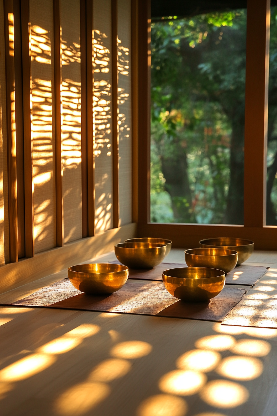 Zen-style van meditation room. Diffused sunlight on brass singing bowls.