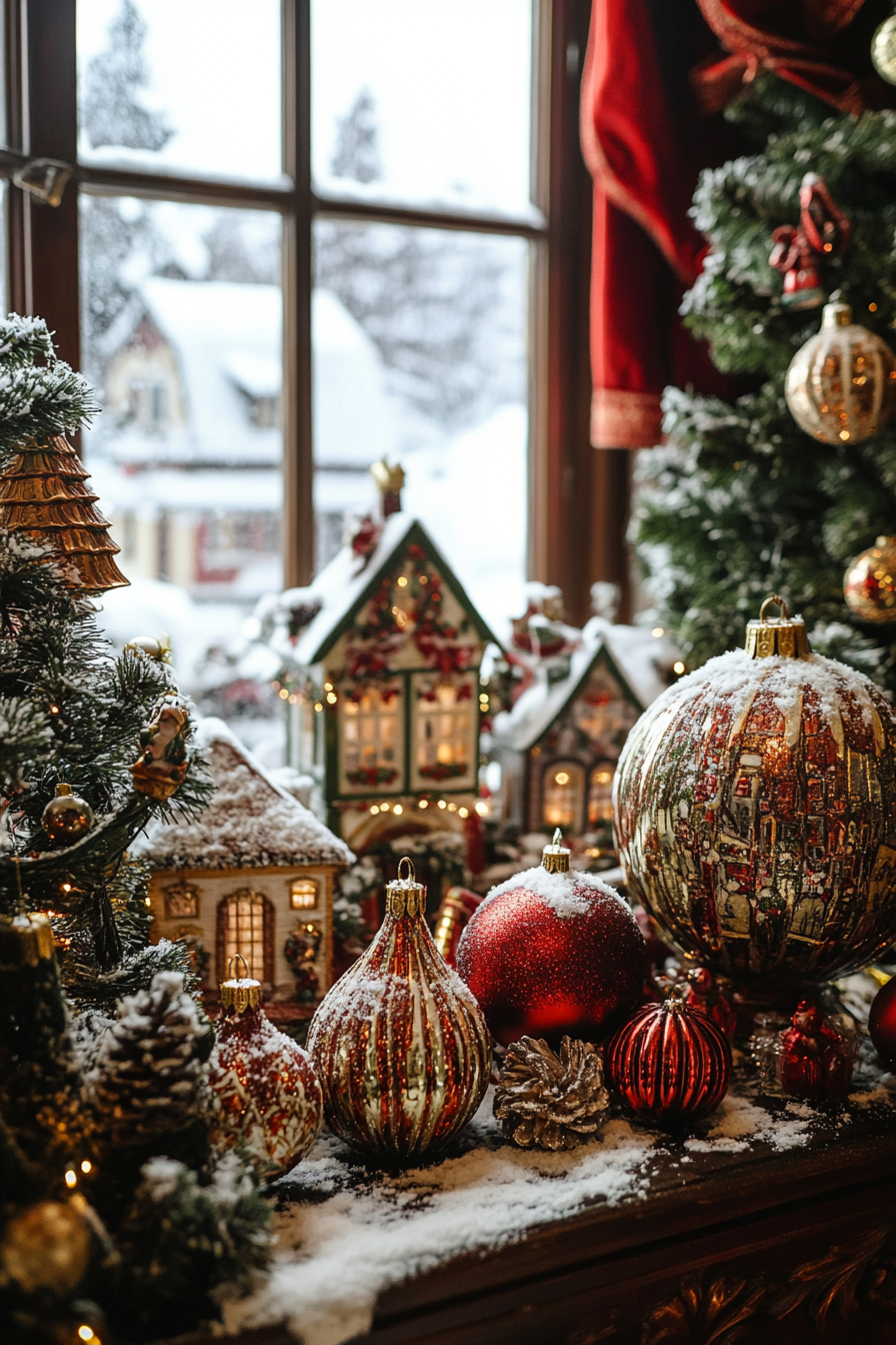 Wide angle Christmas interior. Vintage ornaments, velvet ribbons, snow-covered village view.