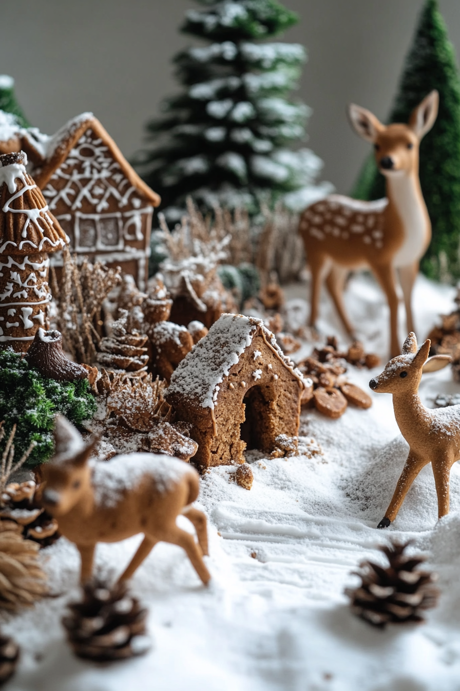 Wide angle view. Spiced gingerbread baking, deer grazing in white snow.