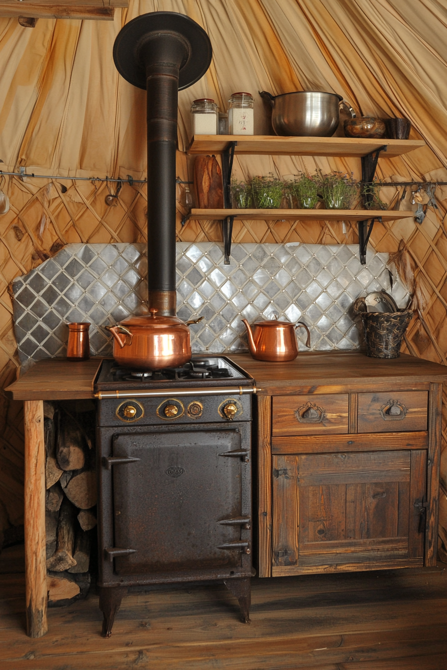 Alpine-style yurt kitchen. Wood stove, copper kettles, harvested herb lined shelves.