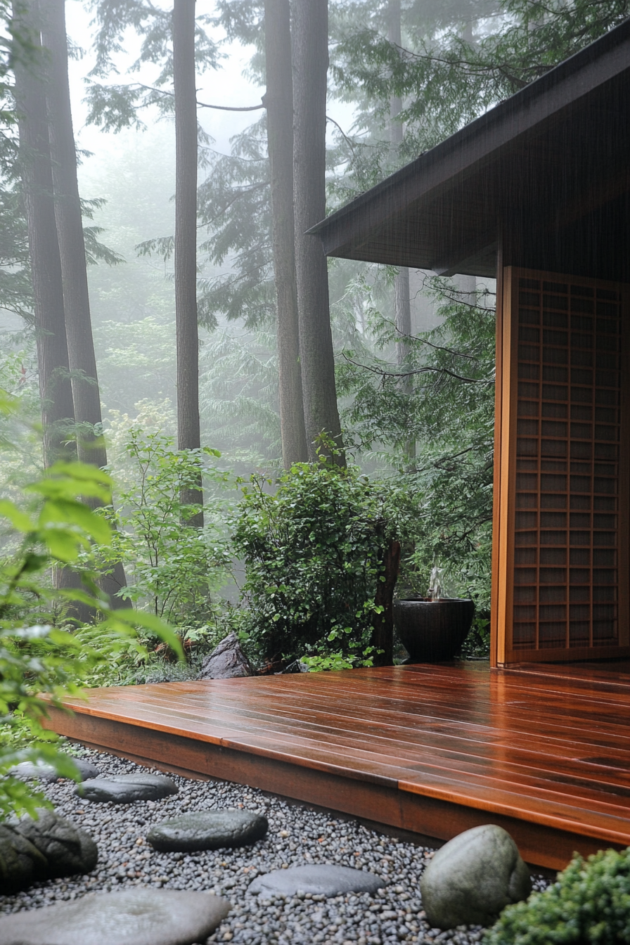 Minimalist tiny house deck. Dewy bamboo screen, rock garden open shed, amidst mist-touched forest.