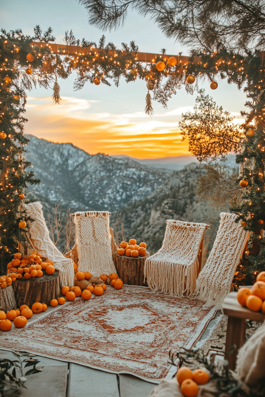 Wide angle holiday scene. Eclectic space, macramé stockings, dried orange garlands, mountain sunset backdrop.