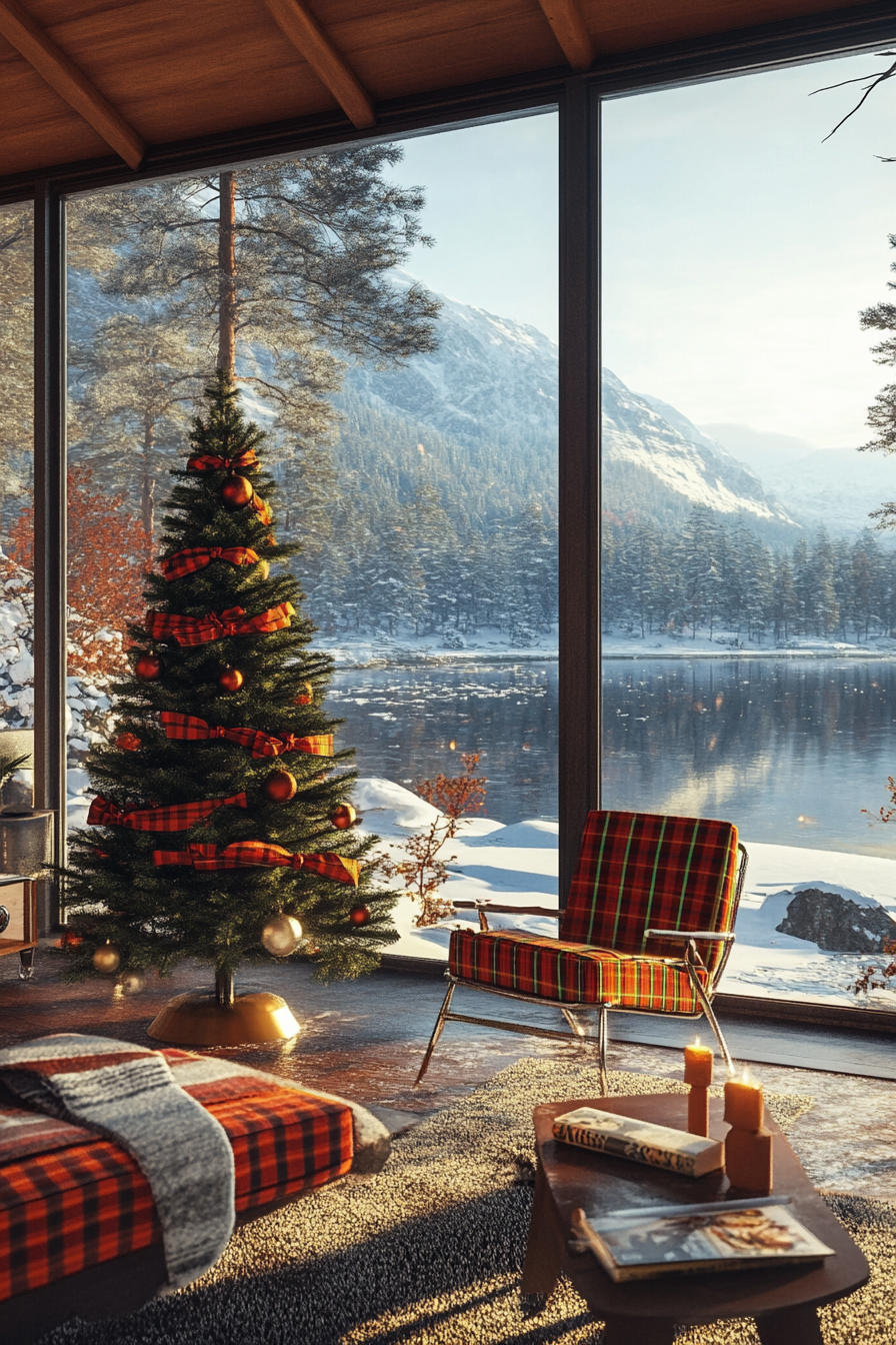 Retro holiday interior. Aluminum tree dotted with plaid bows near a frozen lakeside.