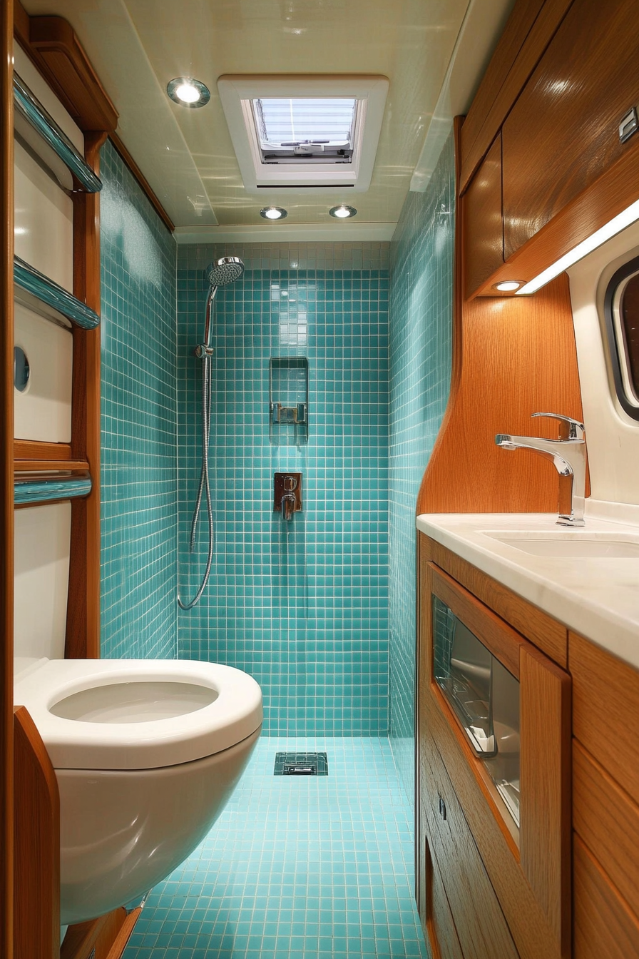 Contemporary camper bathroom. Turquoise tiles, rainfall shower, cherry wood hidden storage, smart toilet.