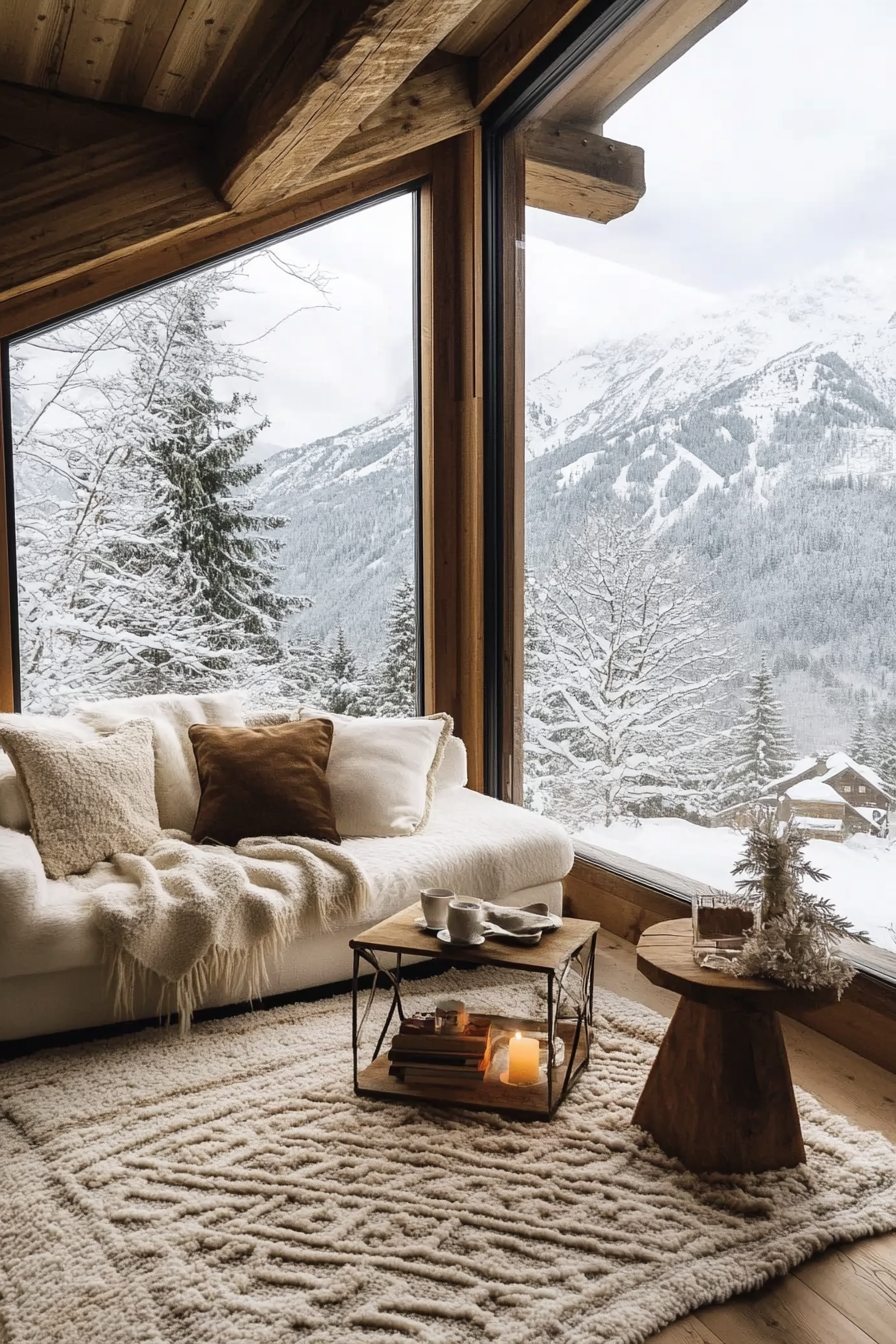 Ski lodge inspired interior. Panoramic window view of snowy peaks, woven wool blankets, hot cocoa corner.