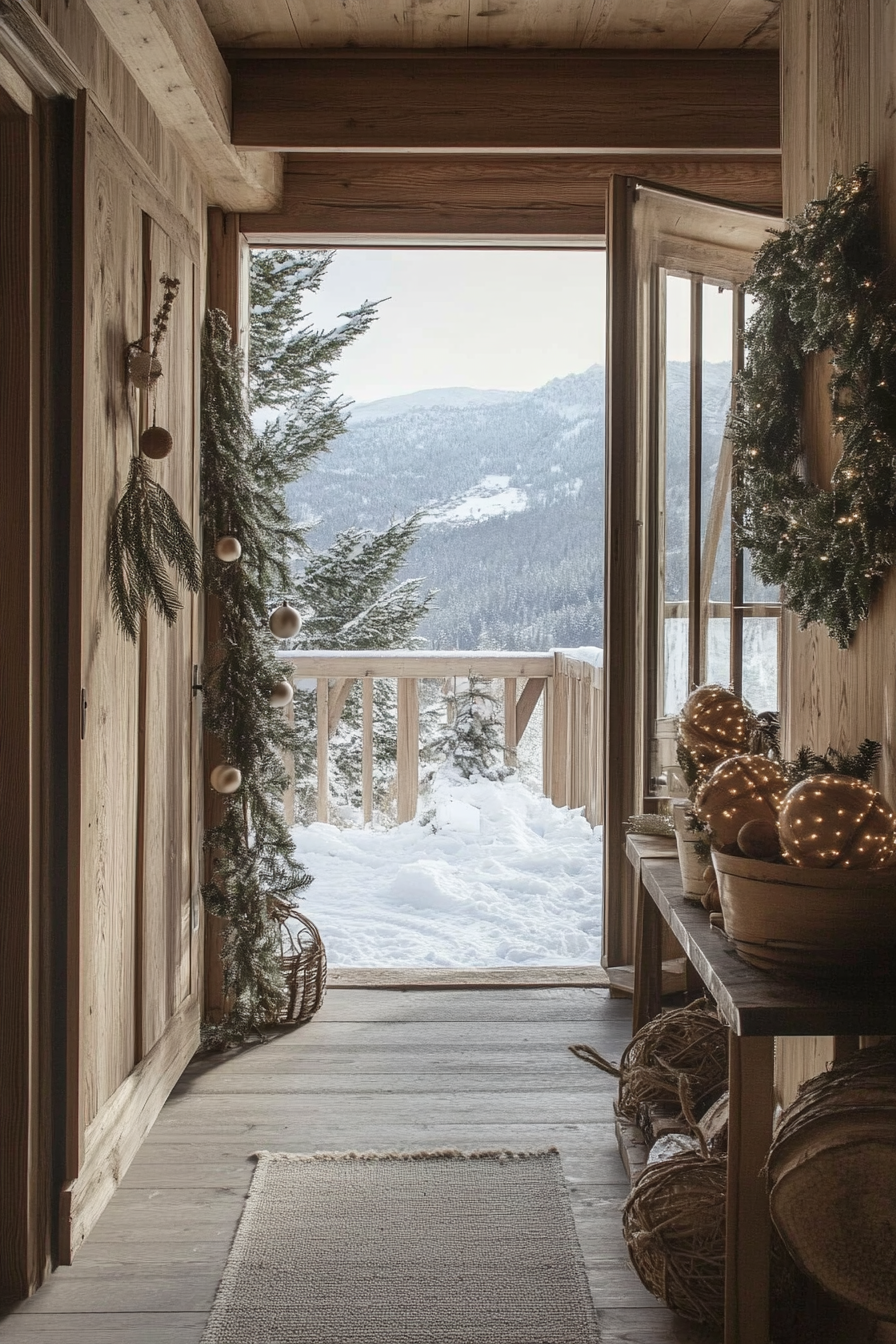 Farmhouse-style space. Pine garlands, wooden ornaments, snowy mountain view.