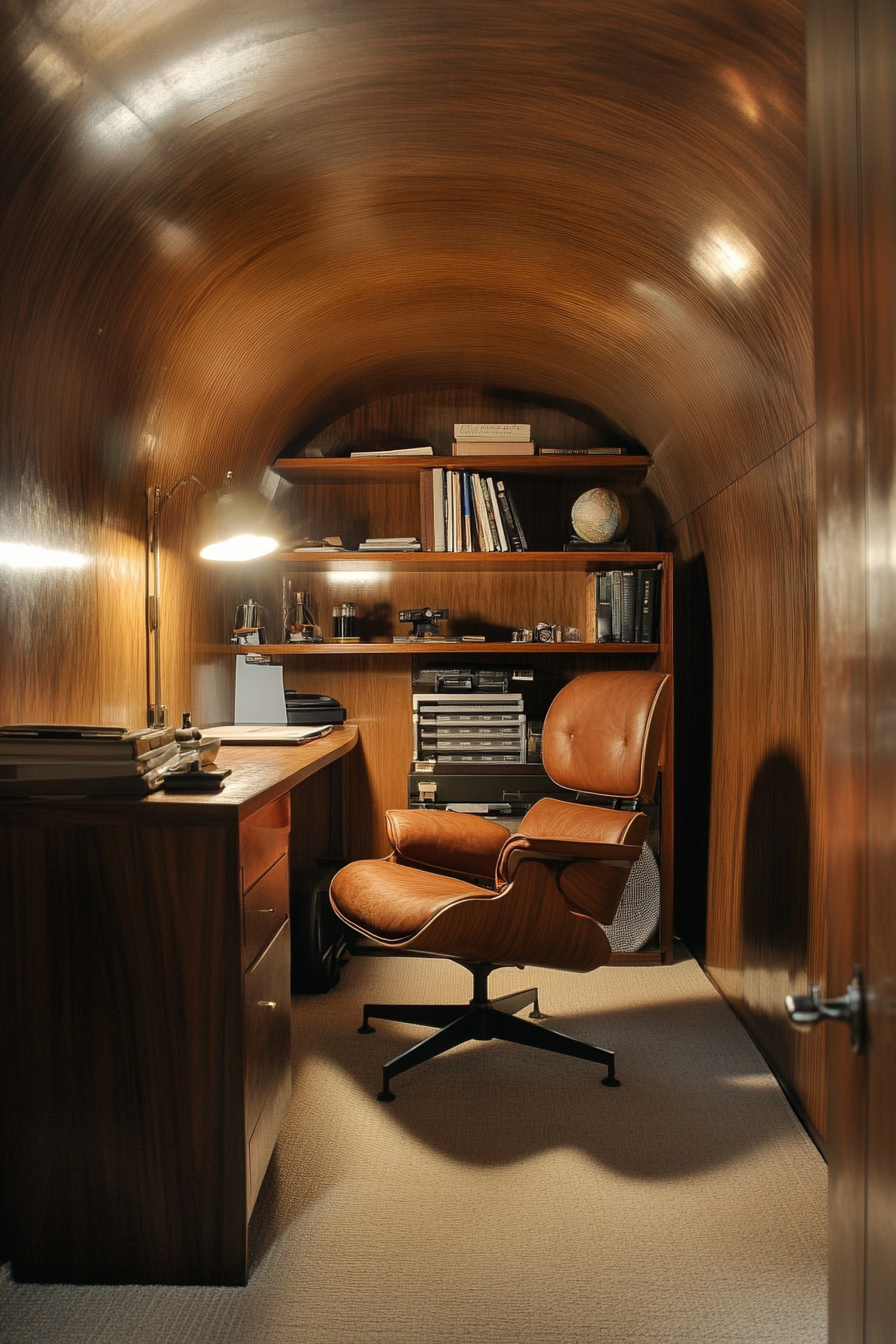 Wide angle view of mobile workspace. Walnut paneling, vintage Eames chair, and dramatic lighting.