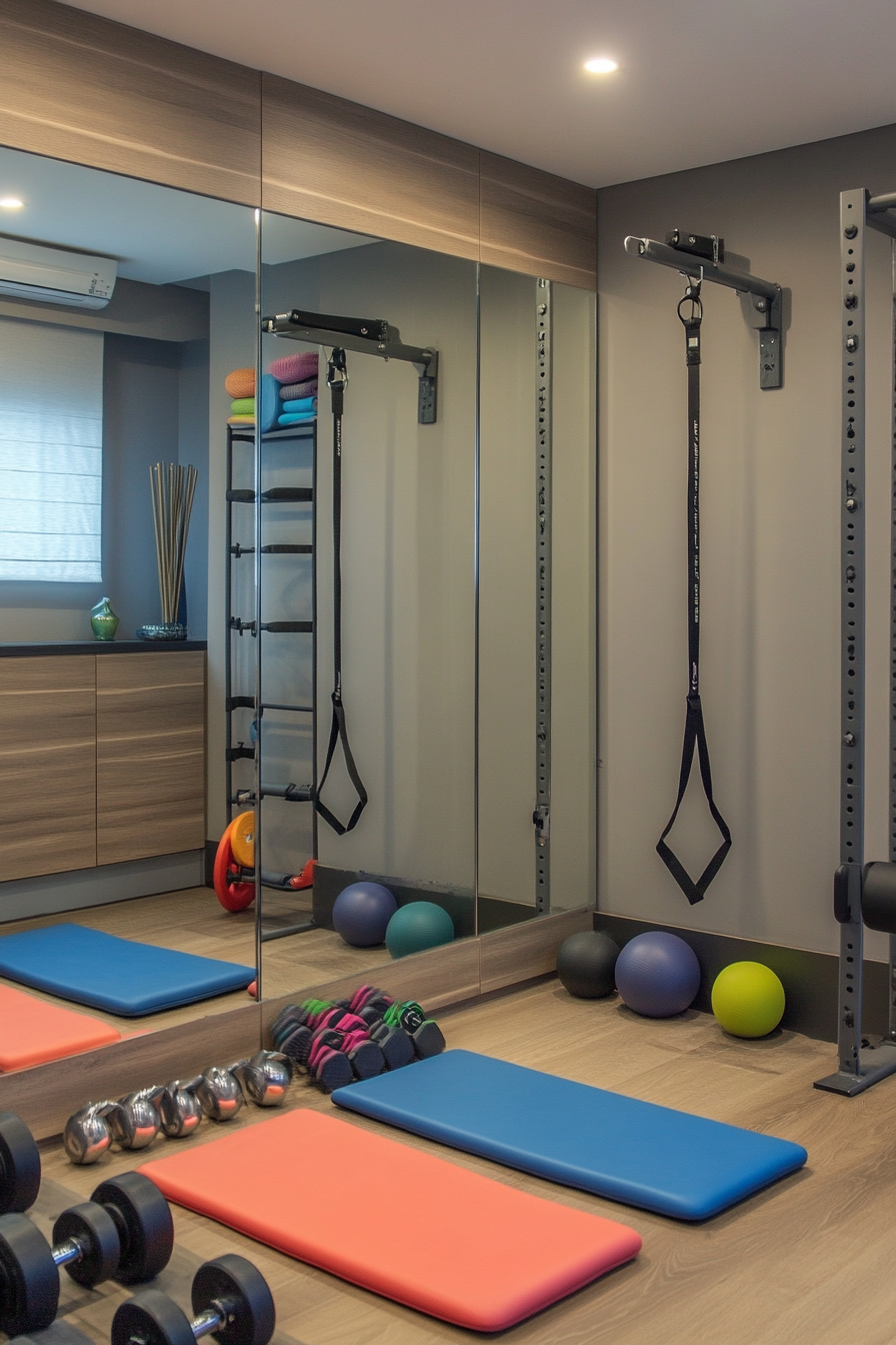 Contemporary tiny gym. Mirror wall, storage racks, resistance bands, kettlebells, yoga mats.