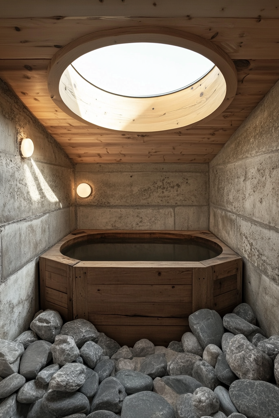 Natural tiny house bathroom. Wooden soaking tub under a round skylight, surrounded by grey stones.