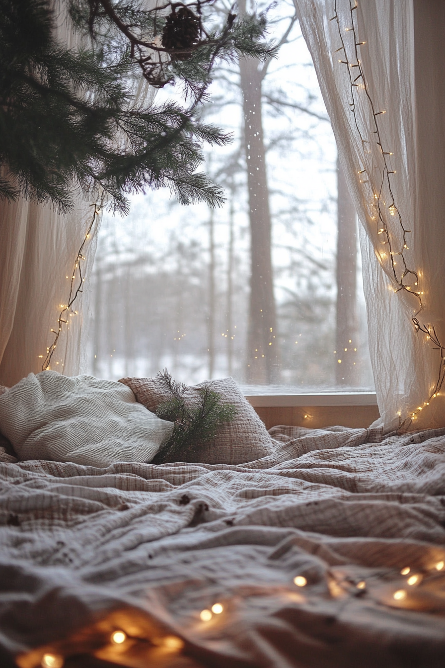 Festive sleeping nook. Wide-angle frame with flannel bedding, string lights and visible winter wonderland.