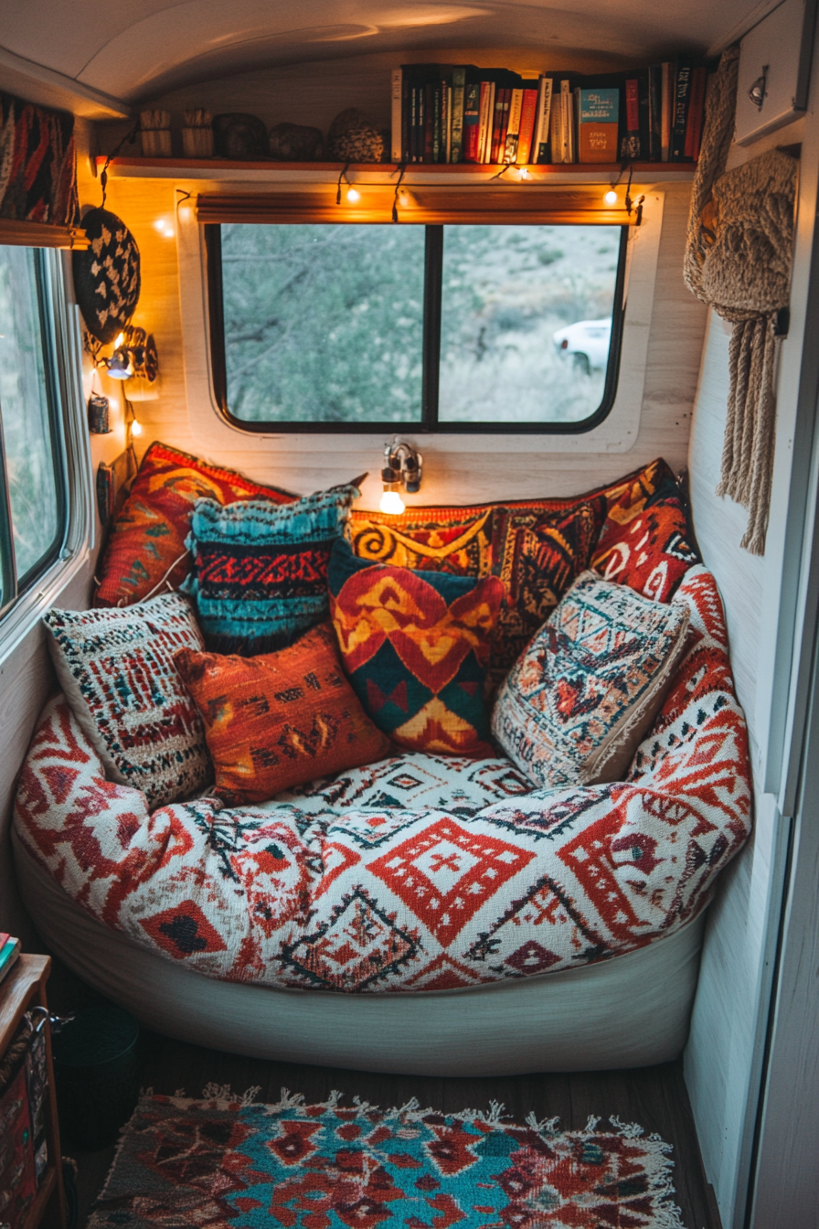 Camper reading corner. Beanbag with geometric-patterned Southwest textile, book lights, rope-bound cushions.