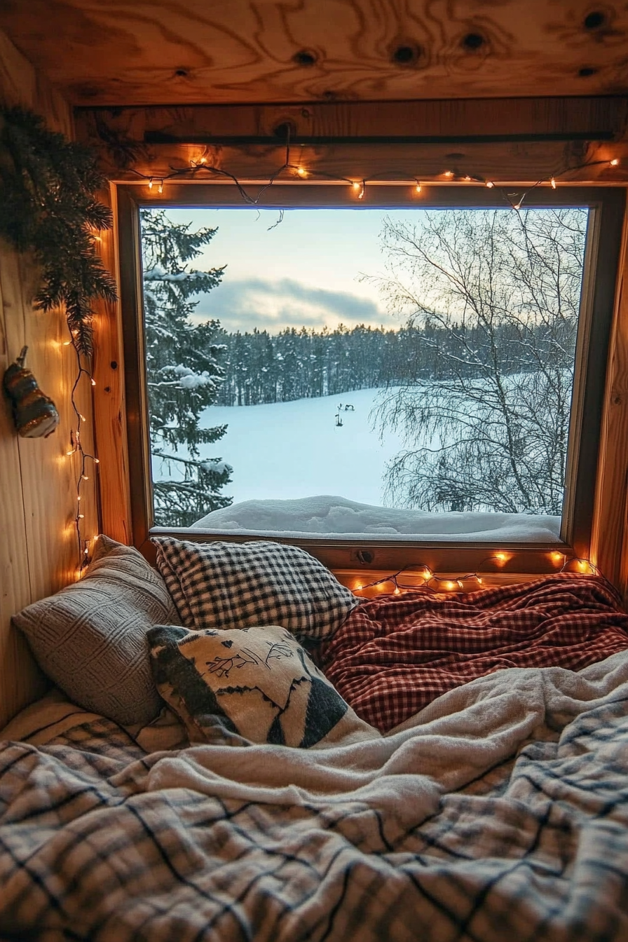 Festive sleeping nook. Flannel bedding and string lights, wide view on snowy landscape.