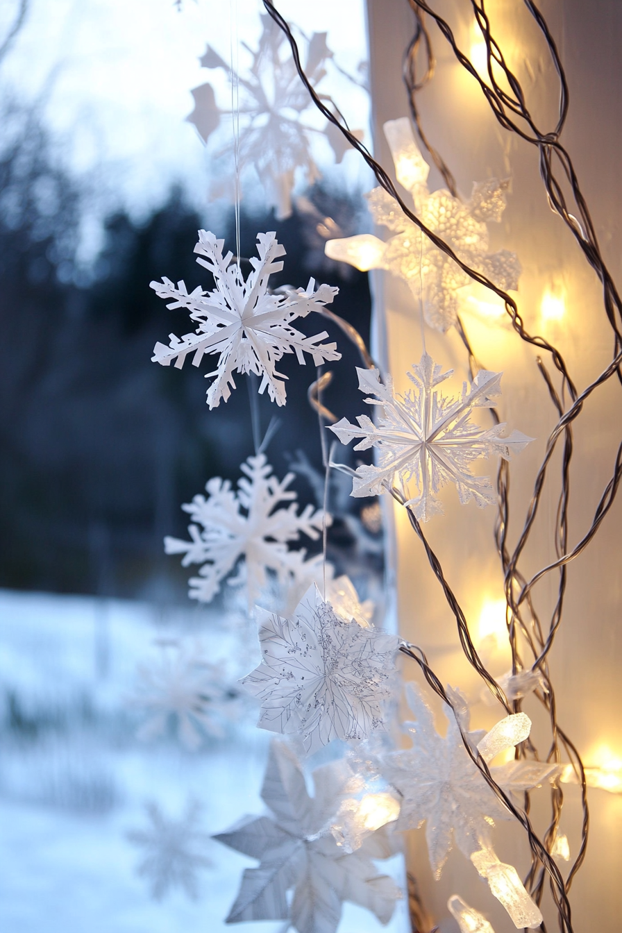 Modern Christmas décor. White lights intertwined with paper snowflakes, frost-covered valley backdrop.