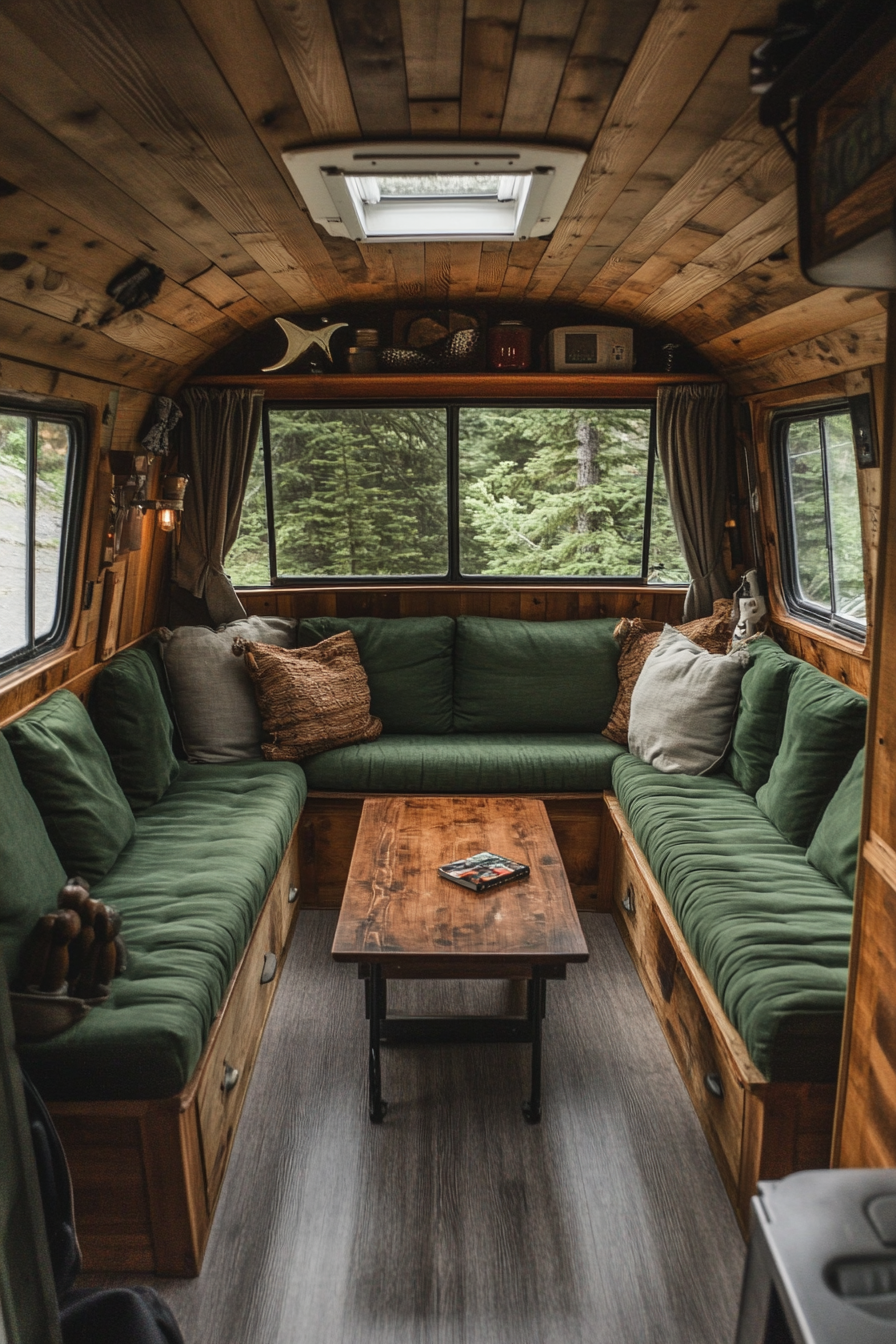 Van lounge. Pine paneling, forest green cushions on camp chairs, mahogany coffee table.