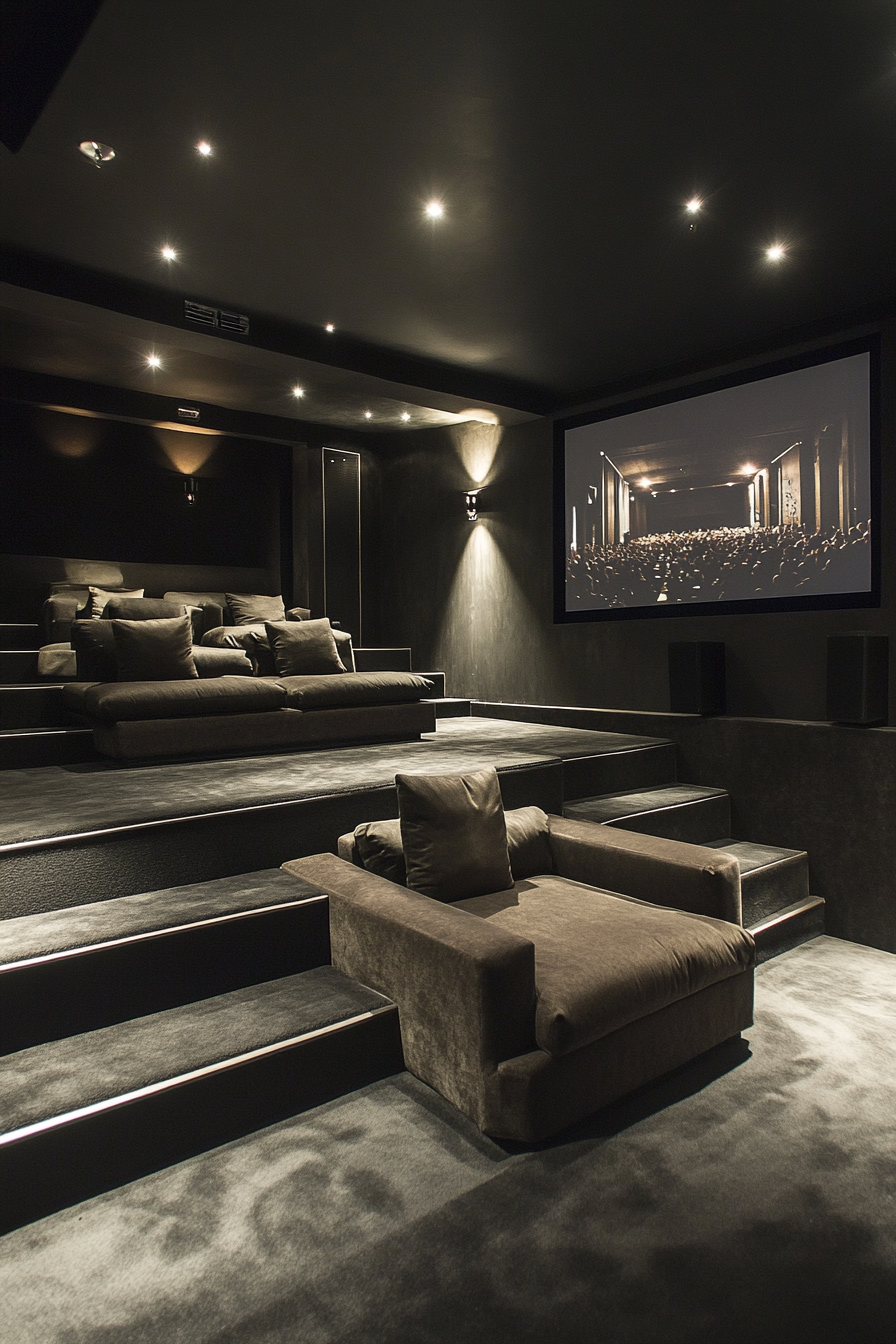 Contemporary tiny theater. Projector wall, surround sound, tiered seating in subdued blacks and grays.