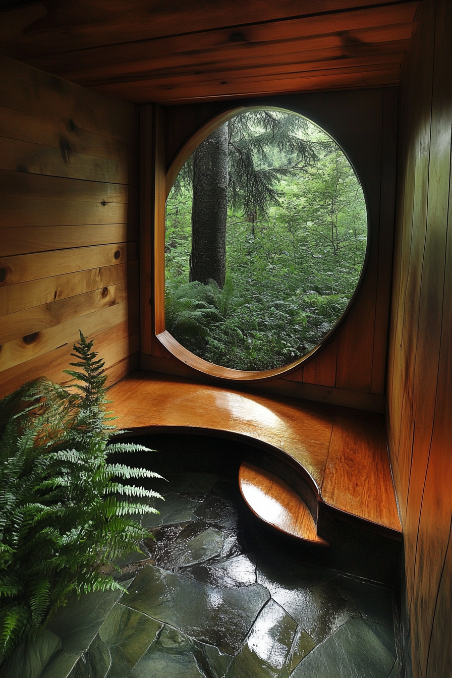 Tiny bathhouse. Spiral wooden staircase leading to upper-floor open-air meditation space, surrounded by ferns.