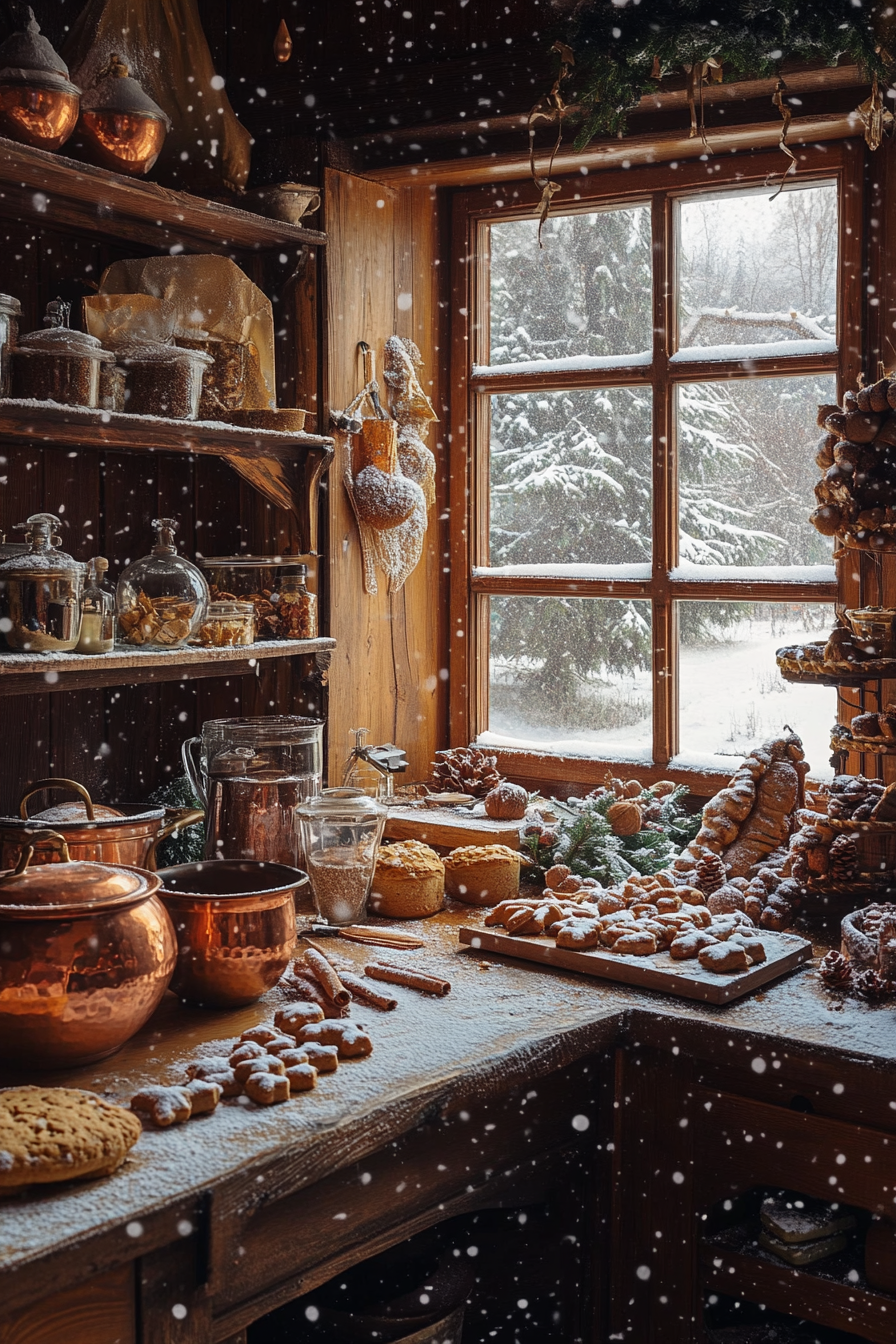 Wide angle view. Gingerbread-making space, copper pots, cinnamon bundles, snow-falling beyond windows.