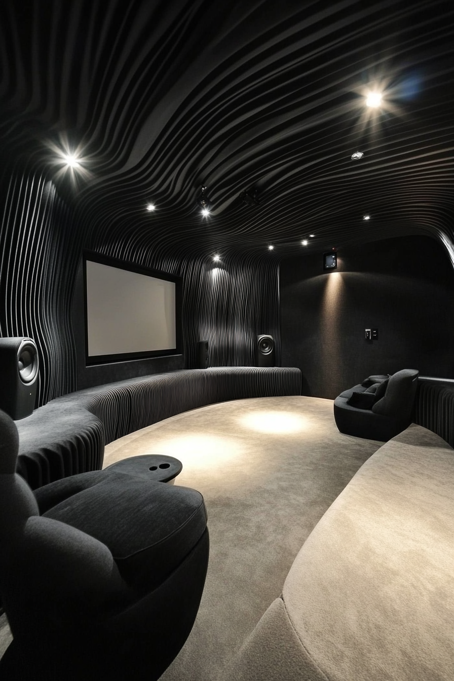 Contemporary tiny theater. Black fabric wrapped panels, projector wall, rounded surround sound speakers.