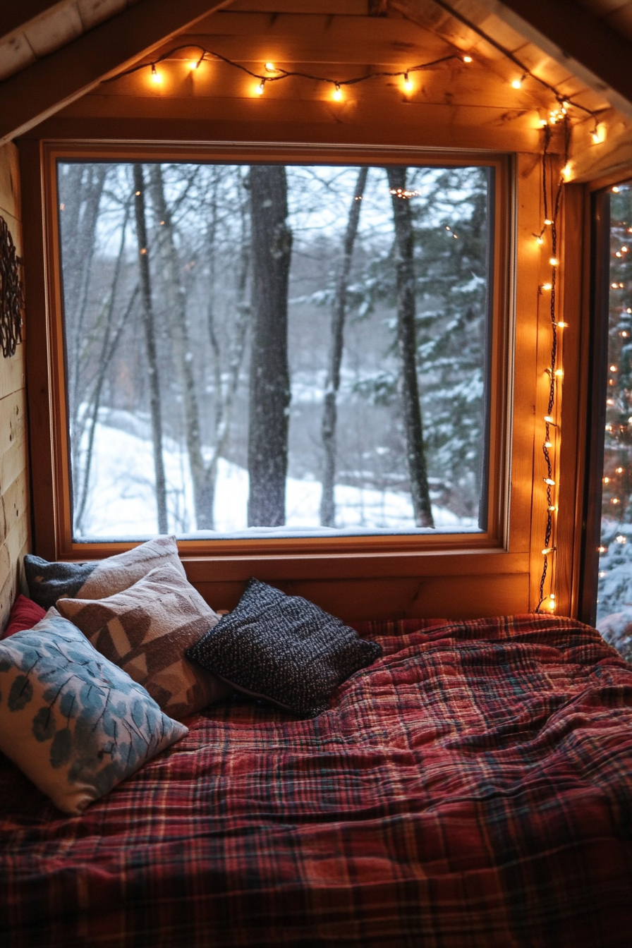 Wide angle view. Festive sleeping nook, flannel bedding, string lights, winter wonderland outside.