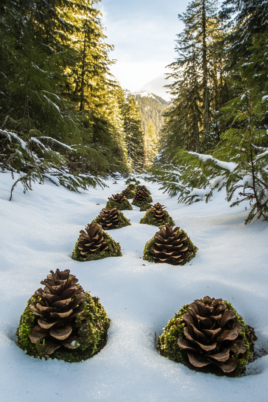 Wide angle holiday space. Mossed pinecones amidst snowy evergreens.