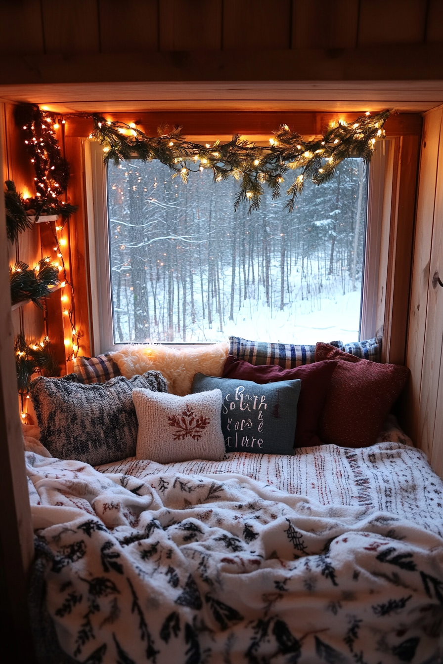 Wide-angle view. Festive sleeping nook with flannel bedding, string lights and winter wonderland backdrop.