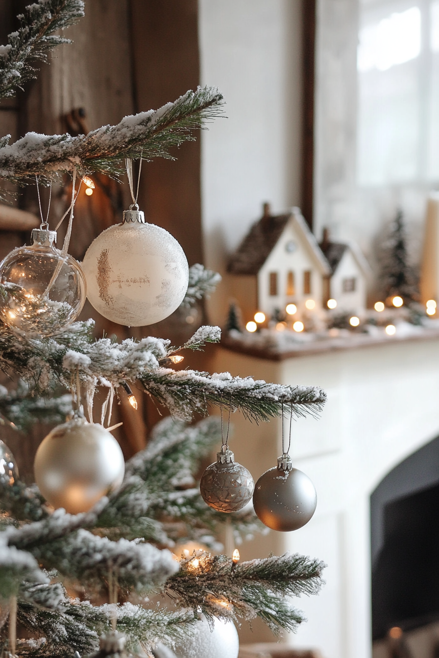 Elegant Christmas interior. Wide angle, snow-coated village, vintage baubles, velvet tie ribbons.