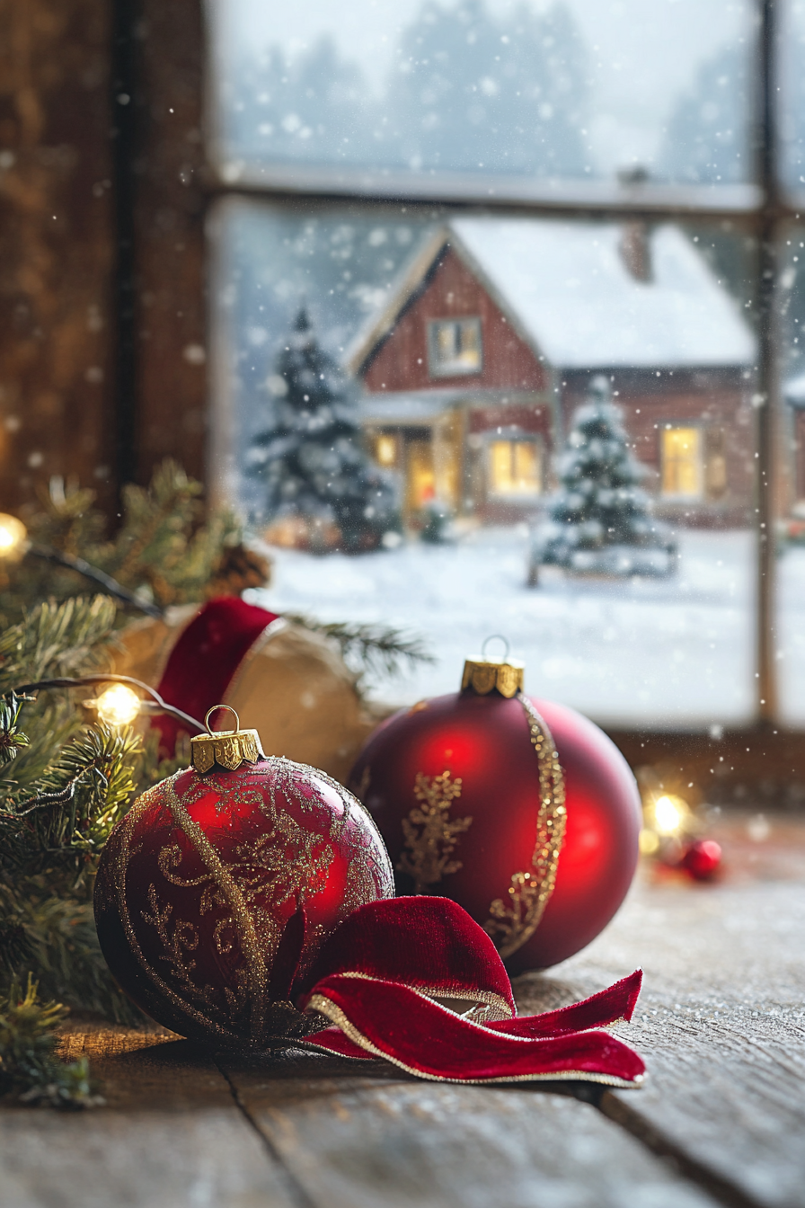 Christmas interior. Velvet ribbons on vintage ornaments with snow-covered village scene in the background.