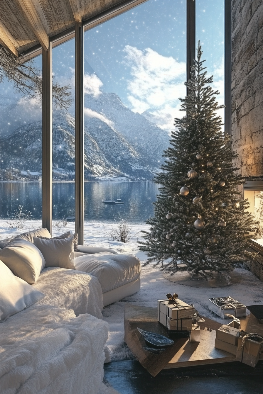 Holiday interior, wide angle. Retro-styled room with aluminum tree near a snow covered lakeside.