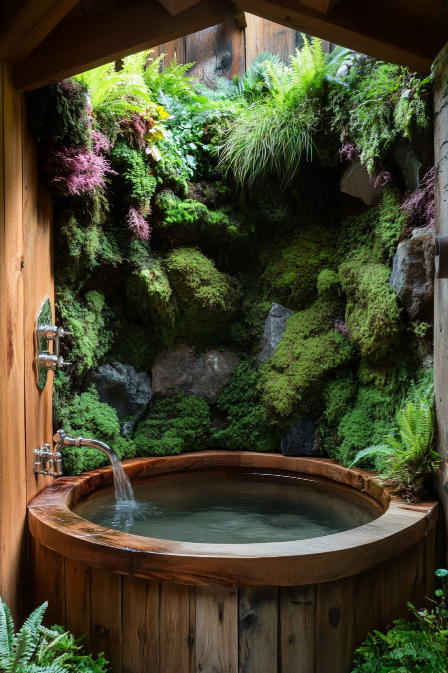 Tiny bathhouse. Cedar tub surrounded by wall of mosses and ferns.