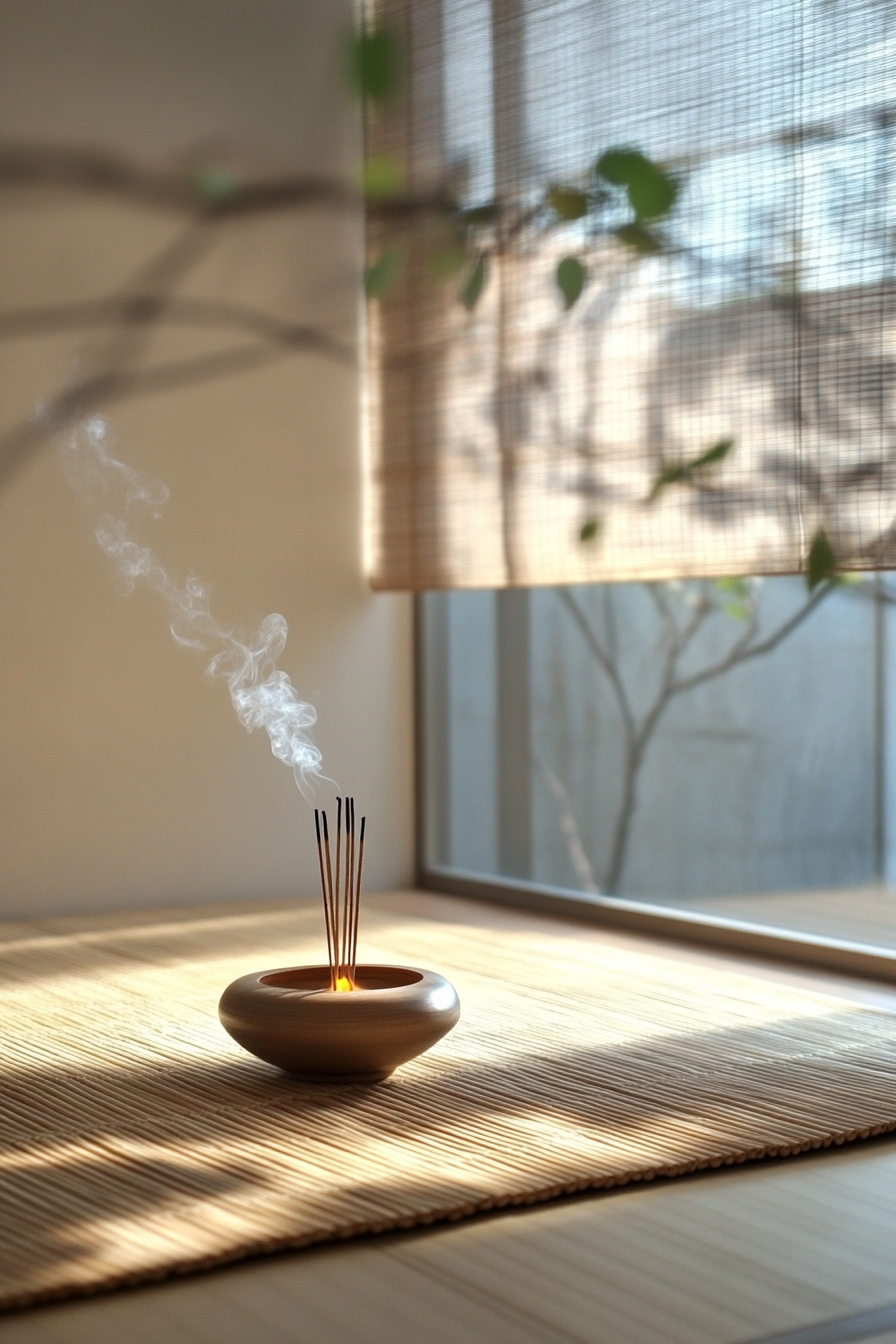 Van meditation room. Zen-style bamboo mat and unscented incense holder.