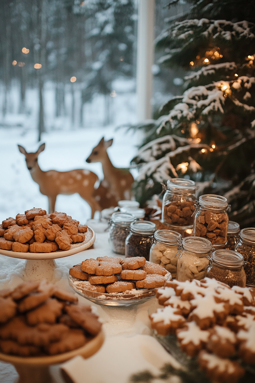 Wide angle view. Cookie station with terracotta spice jars, deer in a snowy meadow.