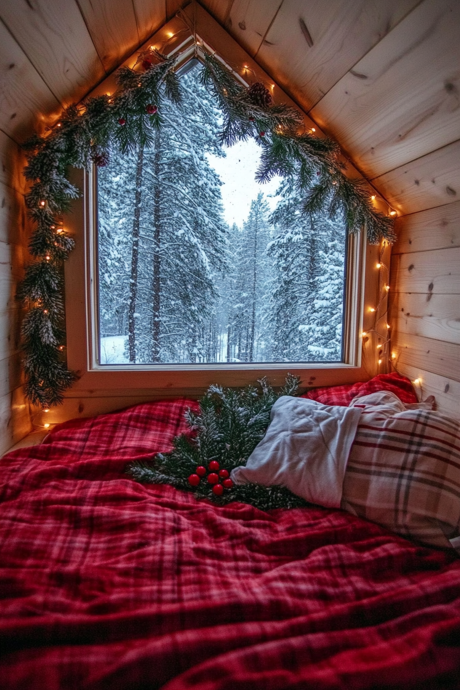 Wide view. Sleeping nook with red flannel bedding, pine garlands, and white string lights, overlooking snow-covered pines outside.