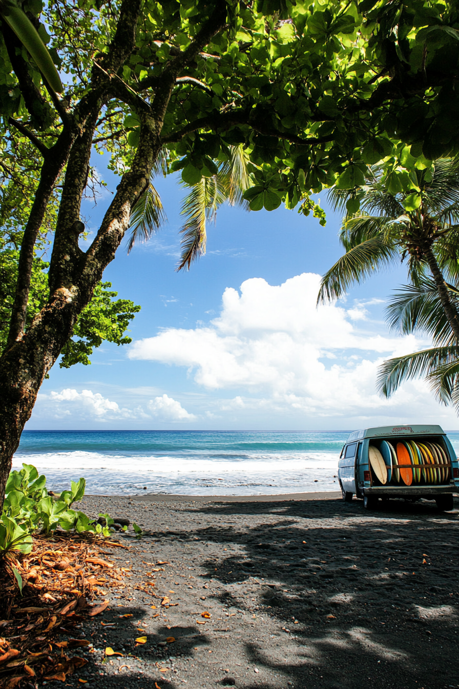 Wide angle view. Black sand beach with surfboard-racked van and outdoor shower.