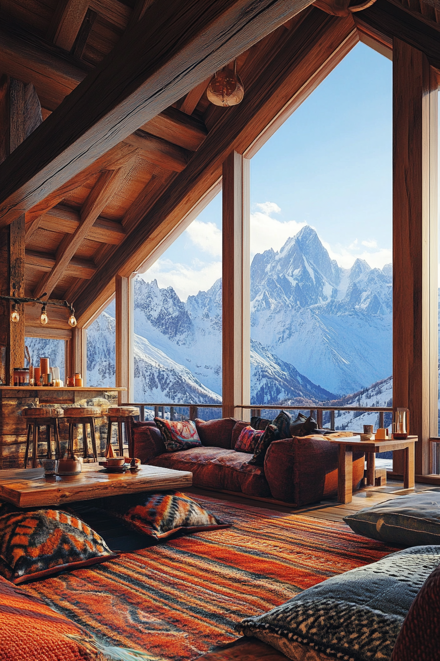 Ski lodge interior. Wide angle view, wool blankets, hot cocoa station, overlooking snow-capped peaks.