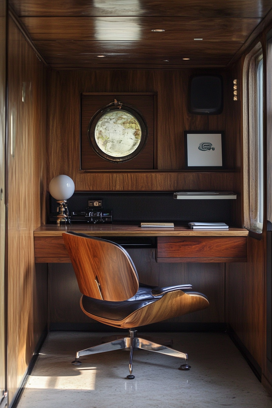 Wide angle of mobile workspace. Framed by vintage Eames chair under dappled light contrast with walnut paneling.