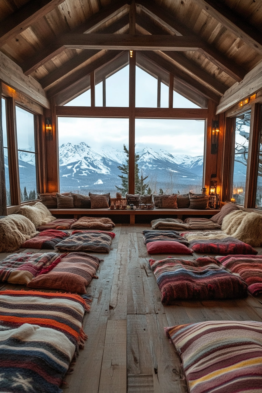 Wide angle interior. Ski lodge, wool blankets, hot cocoa station, view of snow-capped peaks.